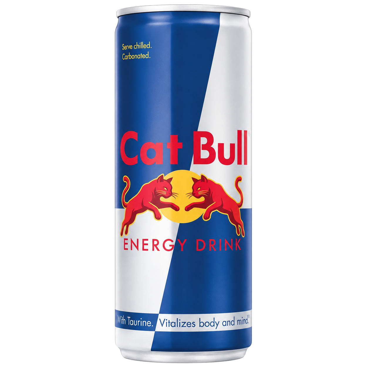 Cat Bull energy drink can, blue and white with red cat logo